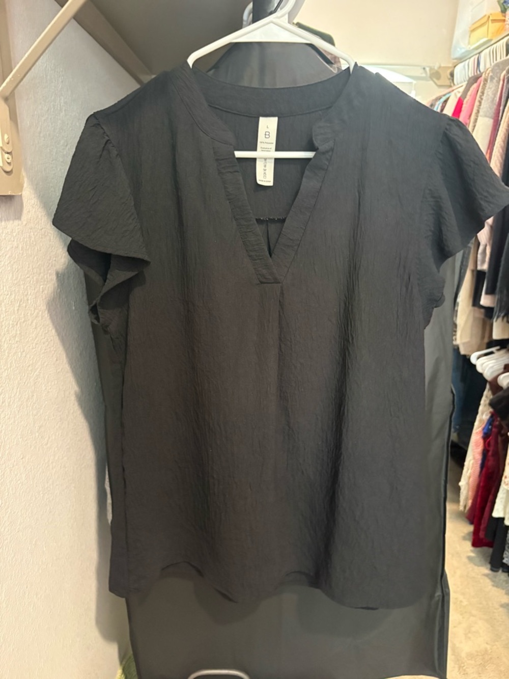 Black V-Neck Flutter Sleeve Top -